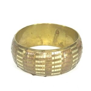 Vintage 70s Woven Brass Bangle Cuff Bracelet Peasant‎ Basket Pattern Bohemian